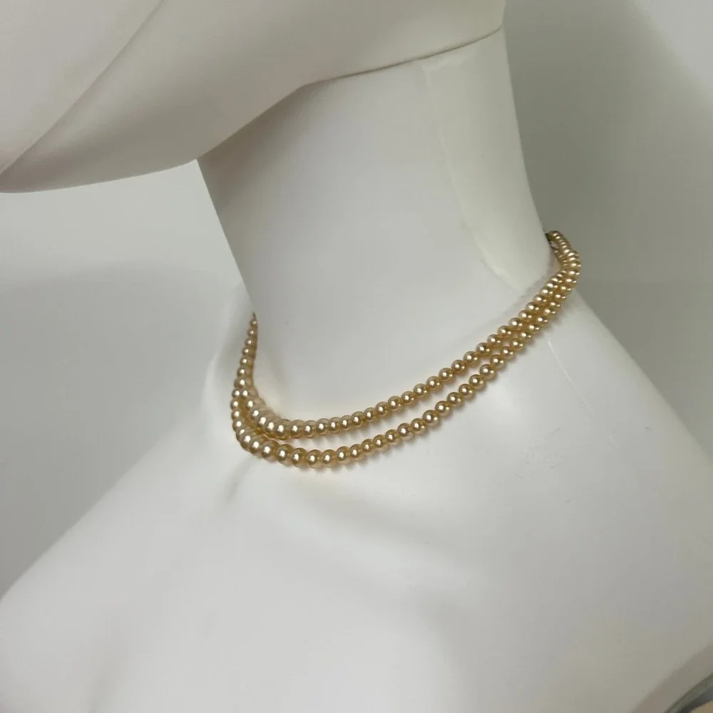 Vintage Faux Pearl Double Strand Choker Necklace 15